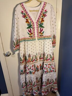 Chico's White Maxi Dress with Pink, Green & Gold Embroidery Size Large